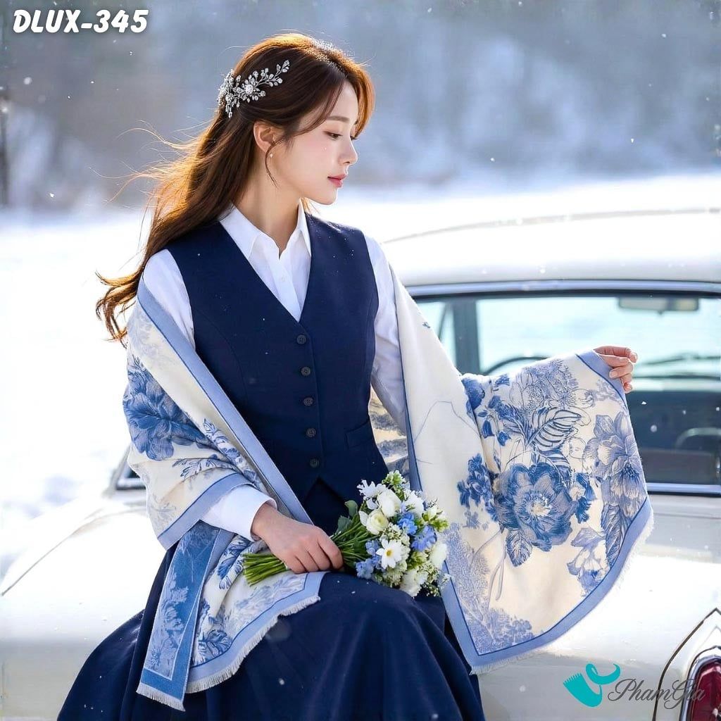 Khăn Choàng Dạ Cashmere Cao Cấp Họa Tiết Hoa Hồng Màu Xanh Blue Thanh Lịch (DLUX345)