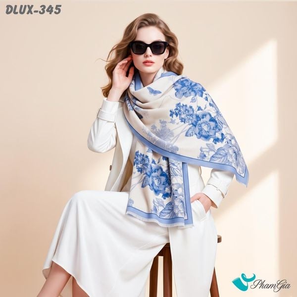 Khăn Choàng Dạ Cashmere Cao Cấp Họa Tiết Hoa Hồng Màu Xanh Blue Thanh Lịch (DLUX345)