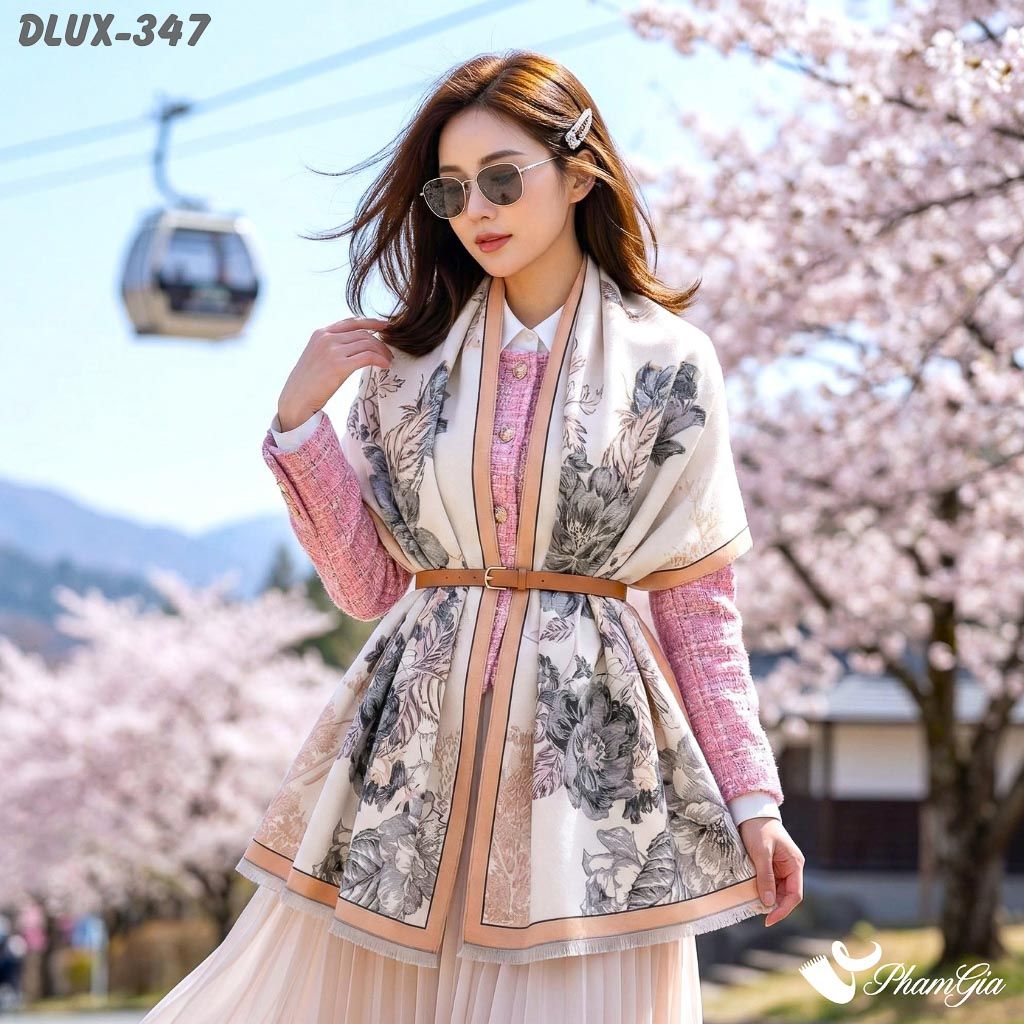 Khăn Choàng Dạ Cashmere Cao Cấp Họa Tiết Hoa Hồng Màu Beige Thanh Lịch (DLUX347)