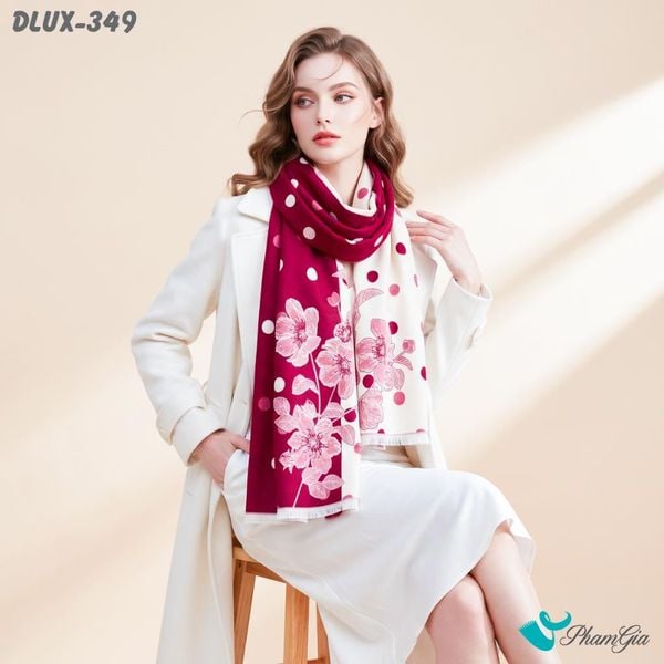 Khăn Choàng Dạ De Luxe Giữ Ấm Cao Cấp Họa Tiết Hoa Chấm Bi Màu Đỏ Hiện Đại (DLUX349)