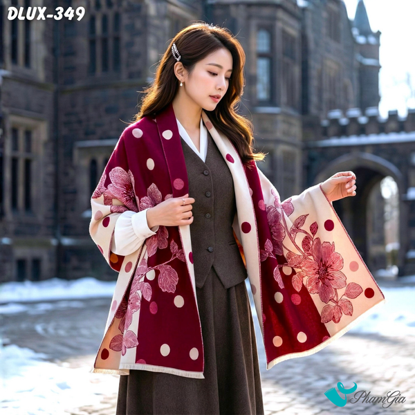 Khăn Choàng Dạ Cashmere Cao Cấp Họa Tiết Hoa Chấm Bi Màu Đỏ Hiện Đại (DLUX349)