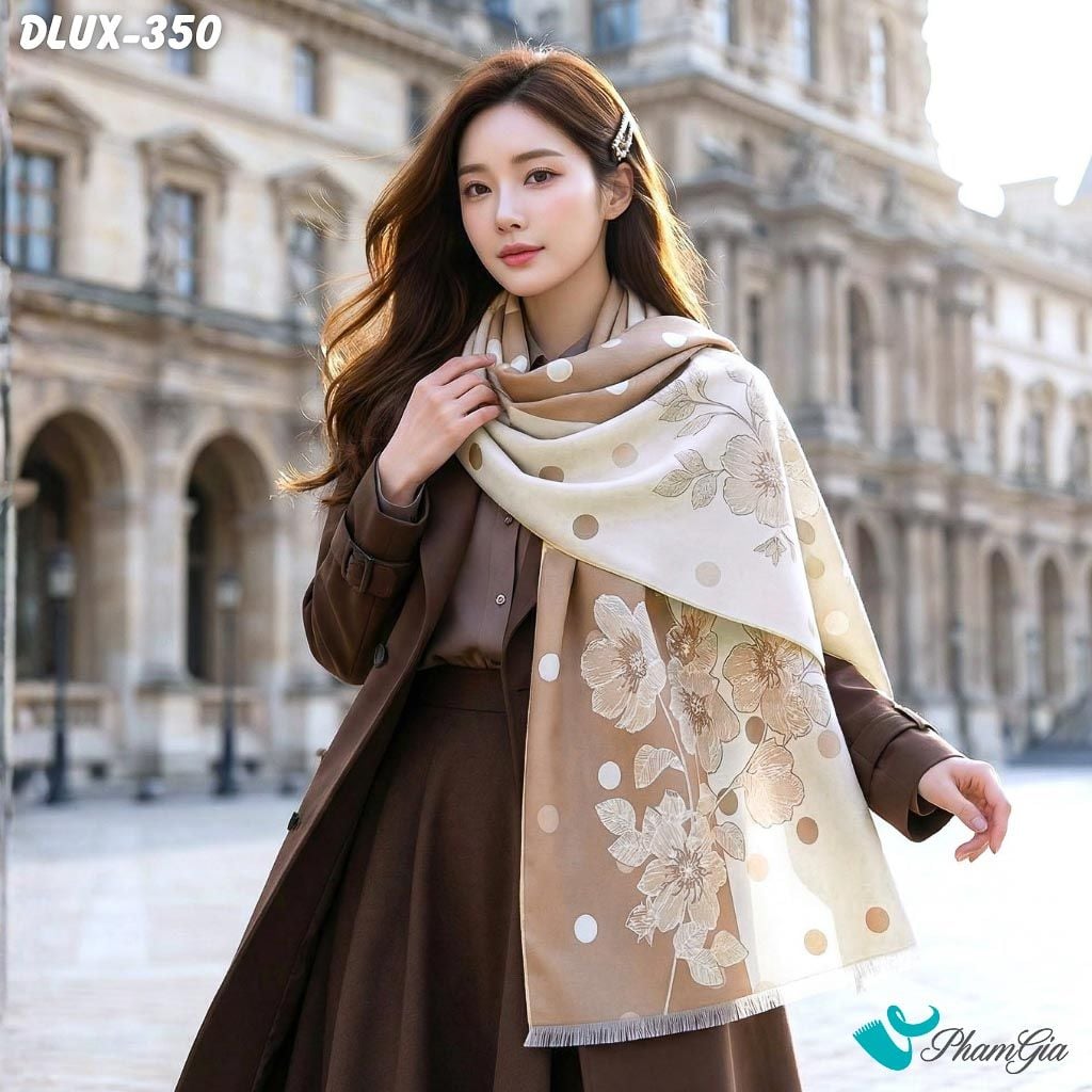 Khăn Choàng Dạ Cashmere Cao Cấp Họa Tiết Hoa Chấm Bi Màu Bạc Xỉu Hiện Đại (DLUX350)