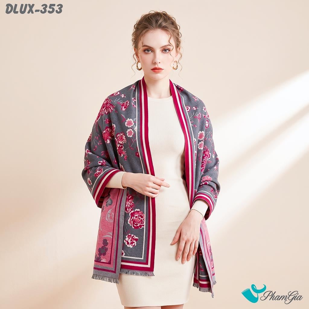 Khăn Choàng Dạ Cashmere Cao Cấp Họa Tiết Hoa Hồng Đỏ Phối Nền Xám Sang Trọng (DLUX353)