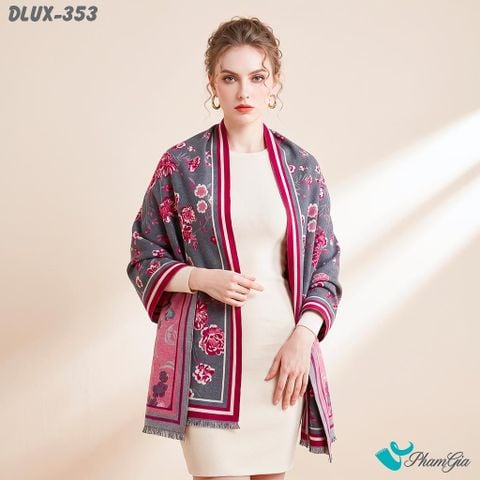 Khăn Choàng Dạ De Luxe Giữ Ấm Cao Cấp Họa Tiết Hoa Hồng Đỏ Phối Nền Xám Sang Trọng (DLUX353)