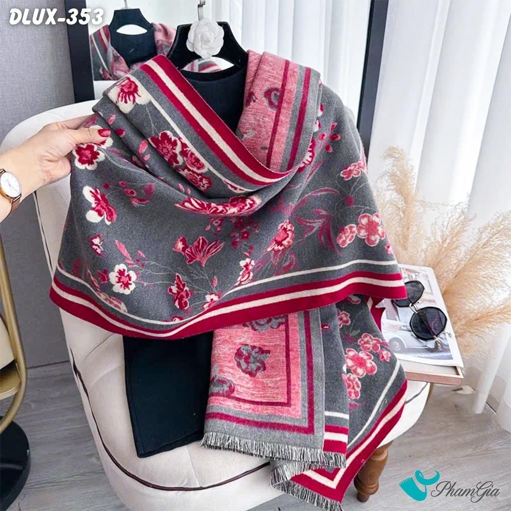 Khăn Choàng Dạ Cashmere Cao Cấp Họa Tiết Hoa Hồng Đỏ Phối Nền Xám Sang Trọng (DLUX353)