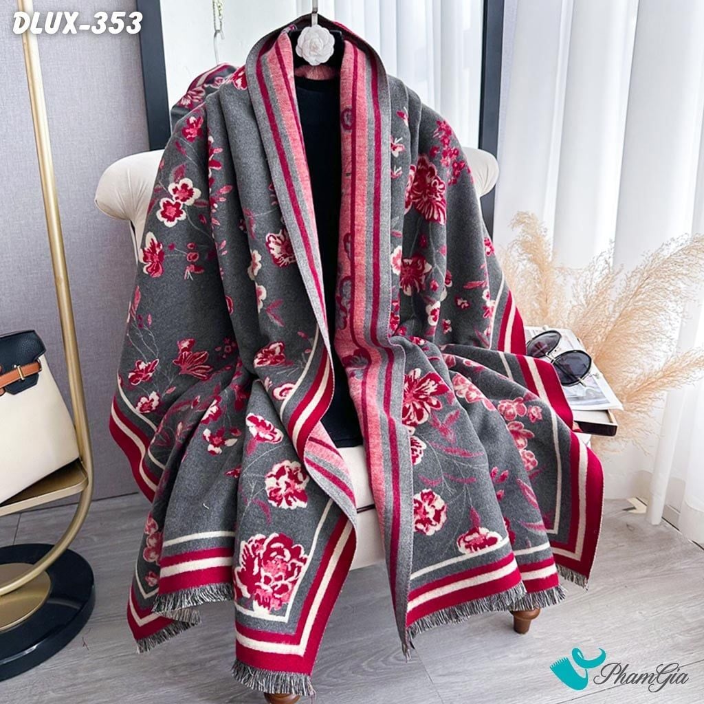 Khăn Choàng Dạ Cashmere Cao Cấp Họa Tiết Hoa Hồng Đỏ Phối Nền Xám Sang Trọng (DLUX353)