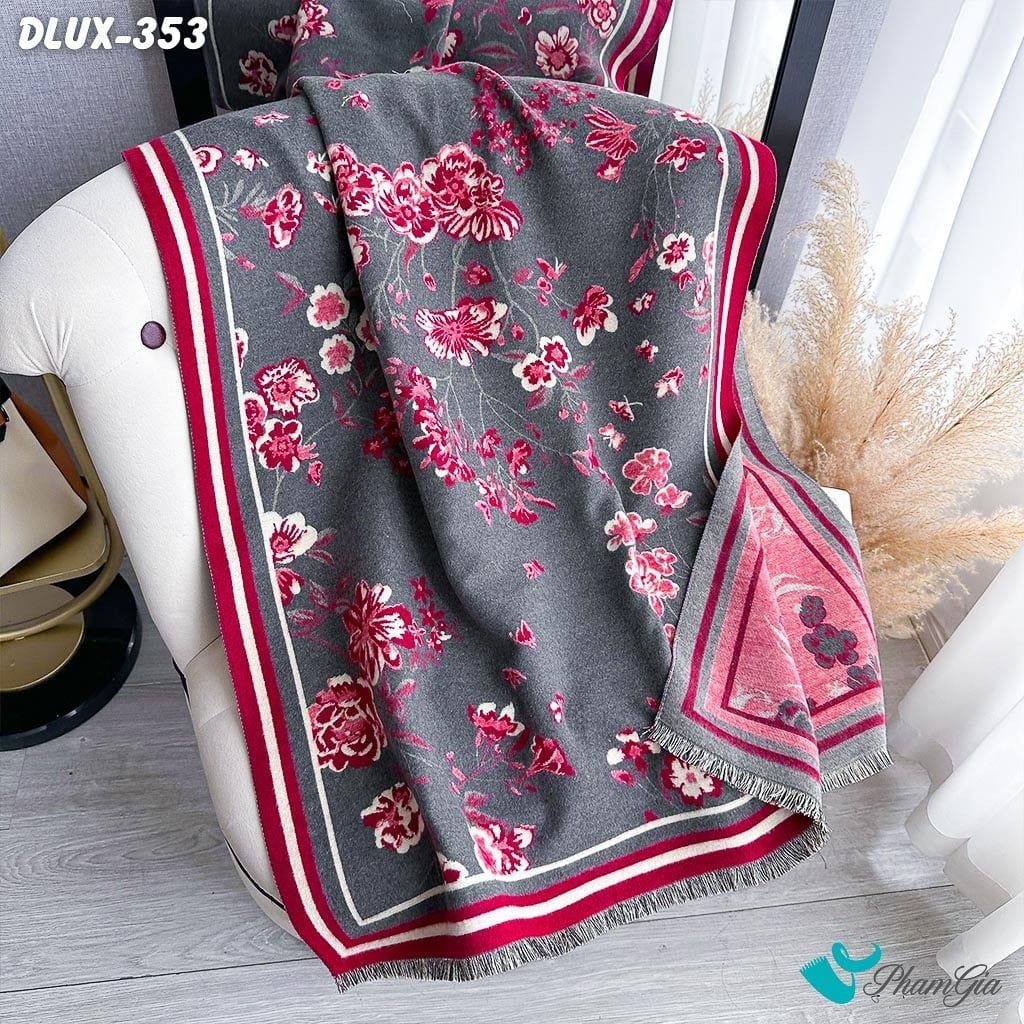 Khăn Choàng Dạ Cashmere Cao Cấp Họa Tiết Hoa Hồng Đỏ Phối Nền Xám Sang Trọng (DLUX353)
