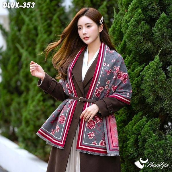 Khăn Choàng Dạ Cashmere Cao Cấp Họa Tiết Hoa Hồng Đỏ Phối Nền Xám Sang Trọng (DLUX353)