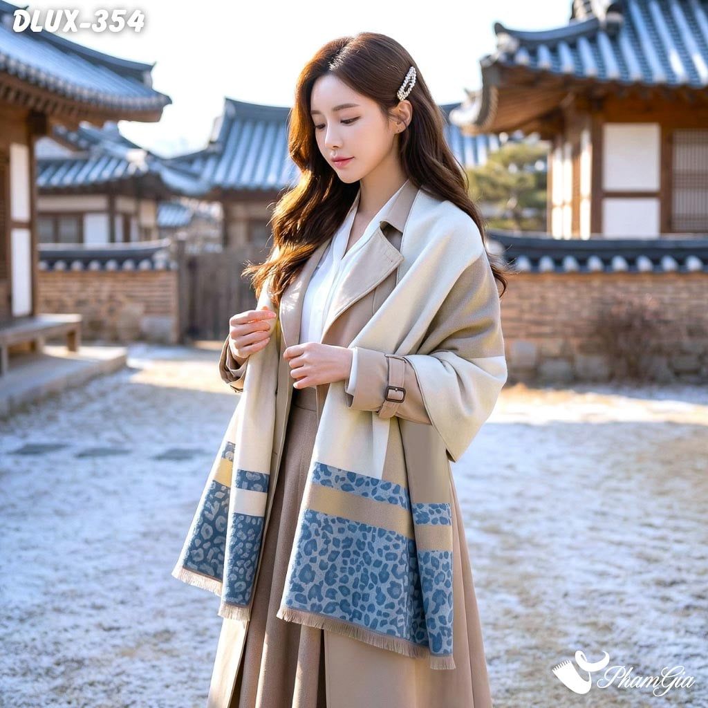 Khăn Choàng Dạ Cashmere Cao Cấp Họa Tiết Da Báo Phối Nền Xanh Hiện Đại (DLUX354)