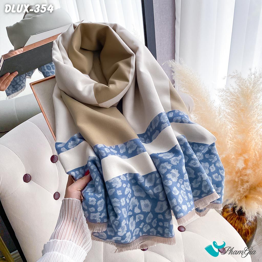 Khăn Choàng Dạ Cashmere Cao Cấp Họa Tiết Da Báo Phối Nền Xanh Hiện Đại (DLUX354)