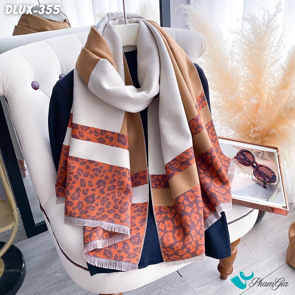 Khăn Choàng Dạ Cashmere Cao Cấp Họa Tiết Da Báo Phối Nền Cam Hiện Đại (DLUX355)