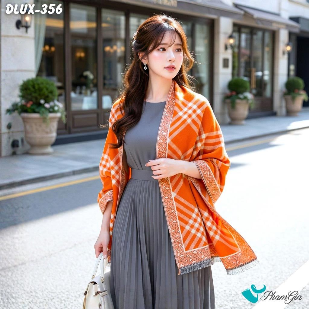 Khăn Choàng Dạ Cashmere Cao Cấp Họa Tiết Retro Kẻ Sọc Phối Màu Cam Hiện Đại (DLUX356)