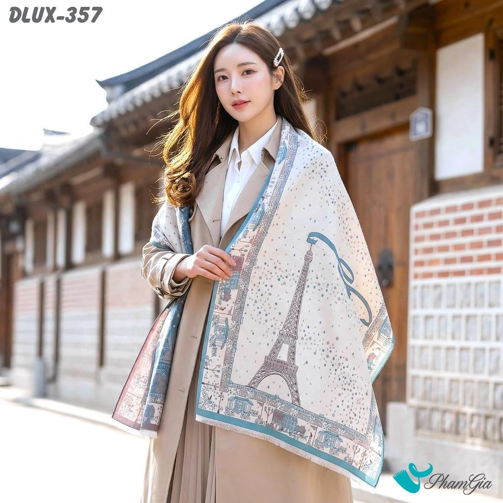 Khăn Choàng Dạ Cashmere Cao Cấp Họa Tiết Tháp Eiffel Màu Xanh Ngọc Hiện Đại (DLUX357)