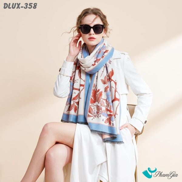 Khăn Choàng Dạ Cashmere Cao Cấp Họa Tiết Hoa Mộc Lan Màu Kem Viền Xanh Nhạt (DLUX358)