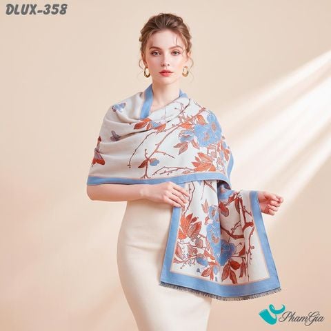 Khăn Choàng Dạ Cashmere Cao Cấp Họa Tiết Hoa Mộc Lan Màu Kem Viền Xanh Nhạt (DLUX358)