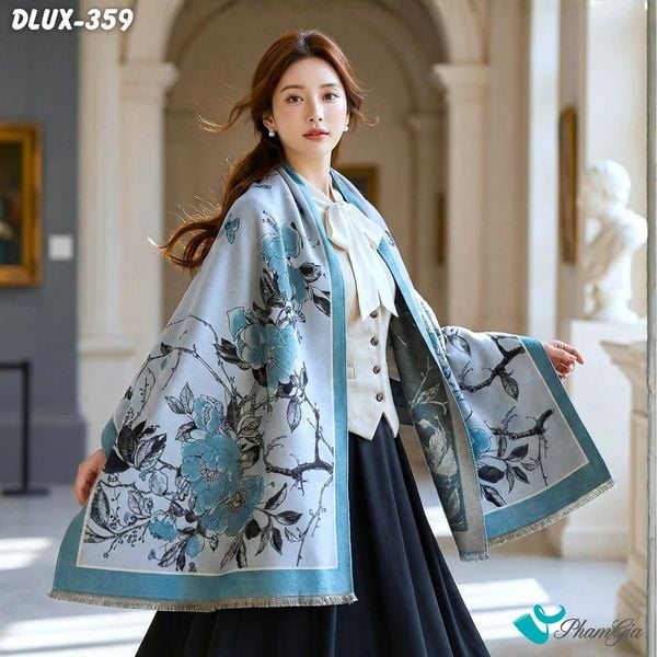 Khăn Choàng Dạ Cashmere Cao Cấp Họa Tiết Hoa Mộc Lan Màu Xám Viền Xanh (DLUX359)