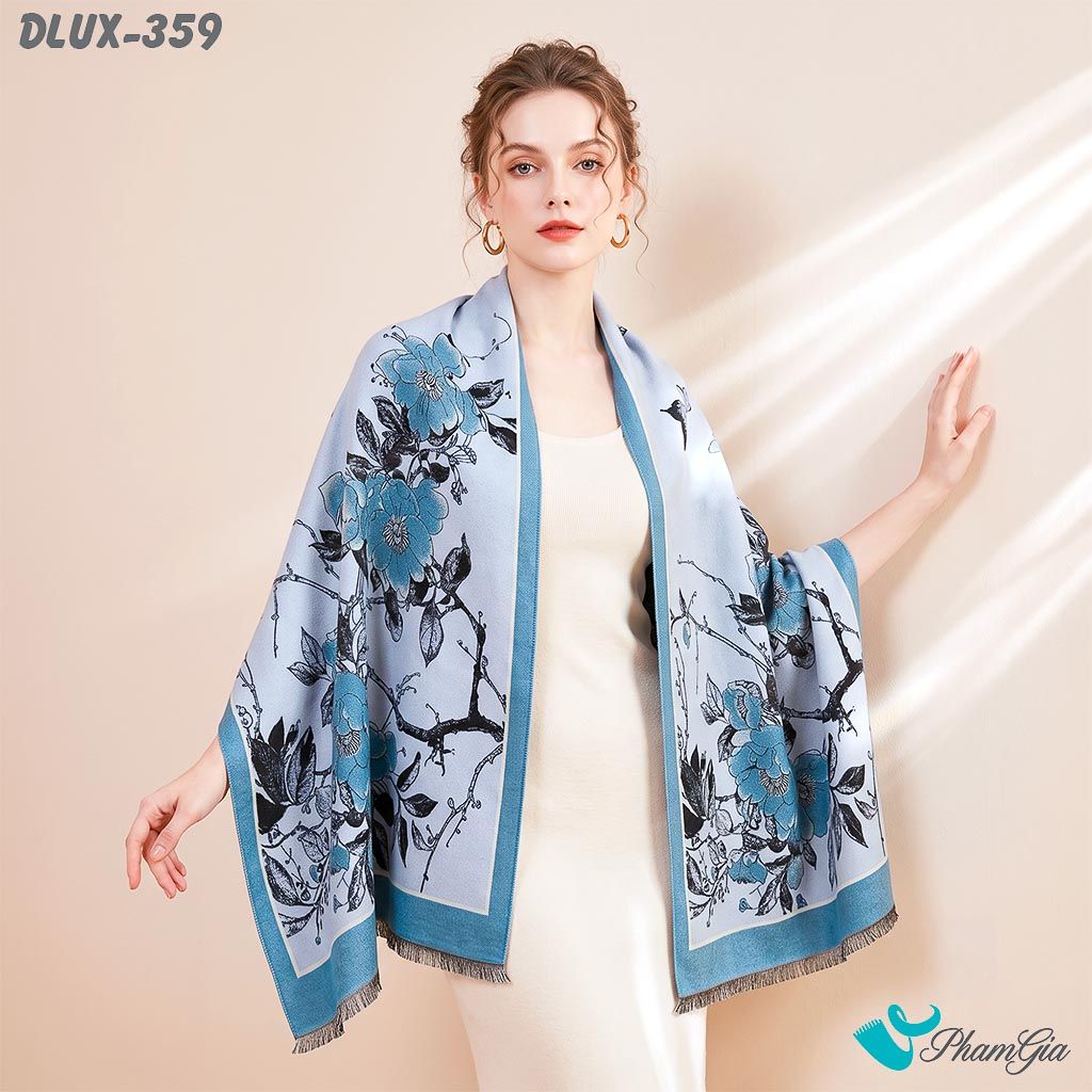Khăn Choàng Dạ Cashmere Cao Cấp Họa Tiết Hoa Mộc Lan Màu Xám Viền Xanh (DLUX359)