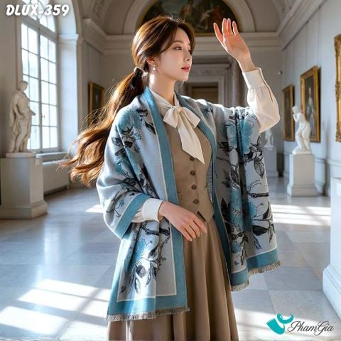 Khăn Choàng Dạ Cashmere Cao Cấp Họa Tiết Hoa Mộc Lan Màu Xám Viền Xanh (DLUX359)