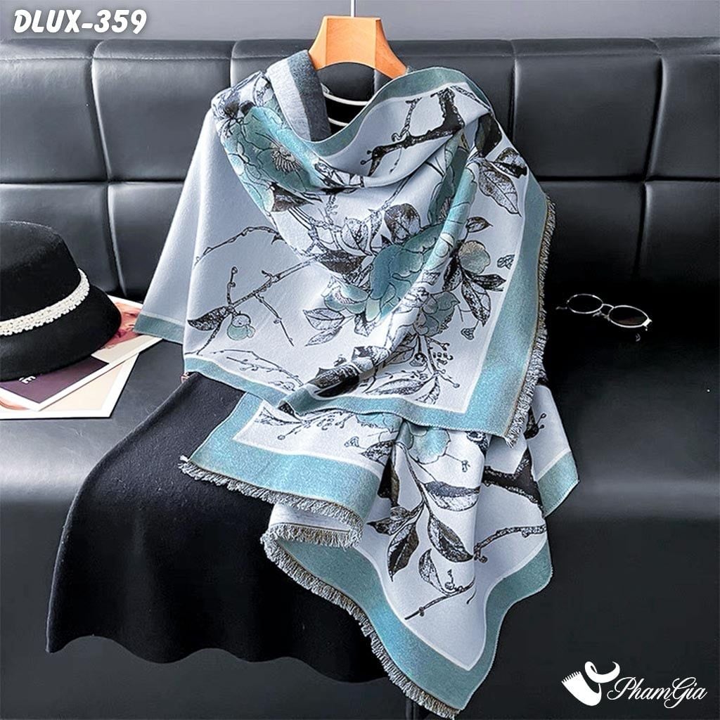 Khăn Choàng Dạ Cashmere Cao Cấp Họa Tiết Hoa Mộc Lan Màu Xám Viền Xanh (DLUX359)