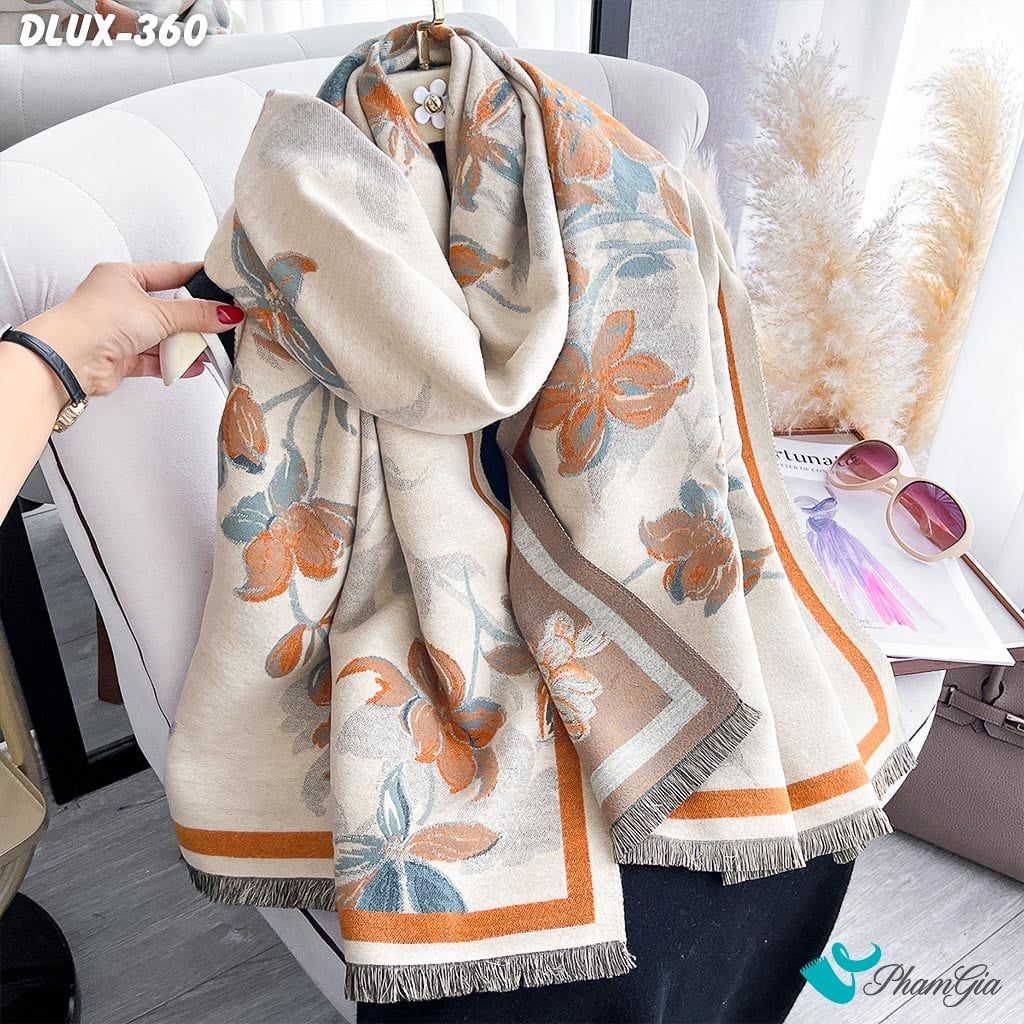 Khăn Choàng Dạ Cashmere Cao Cấp Họa Tiết Hoa Lan Màu Kem Viền Cam (DLUX360)