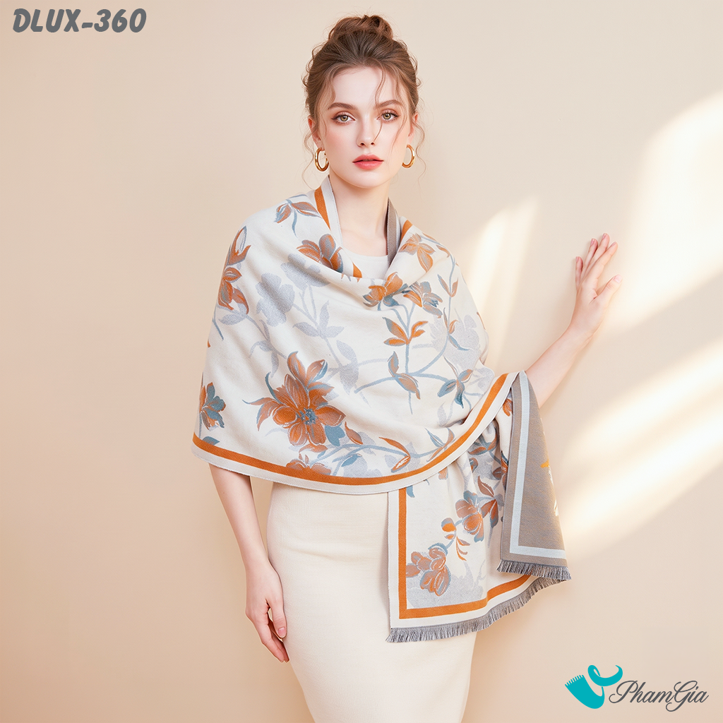 Khăn Choàng Dạ Cashmere Cao Cấp Họa Tiết Hoa Lan Màu Kem Viền Cam (DLUX360)