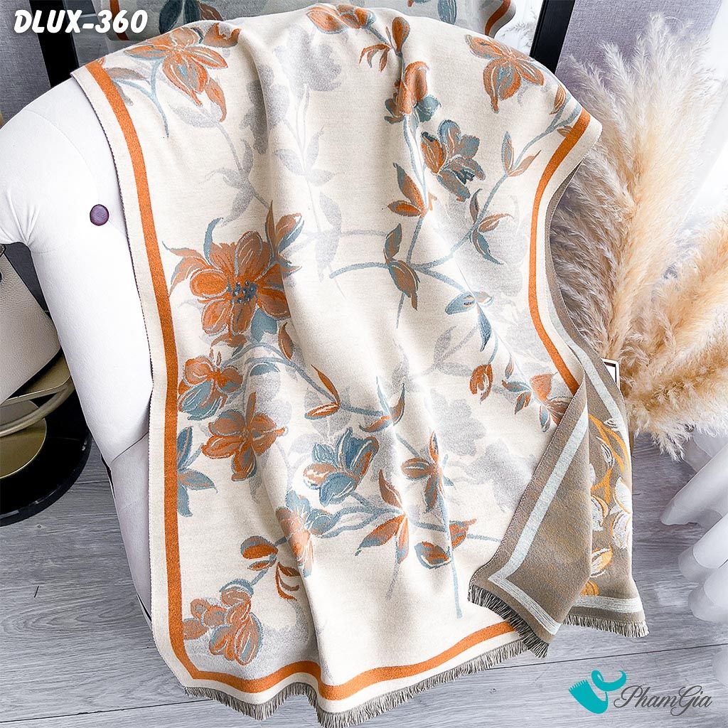 Khăn Choàng Dạ Cashmere Cao Cấp Họa Tiết Hoa Lan Màu Kem Viền Cam (DLUX360)