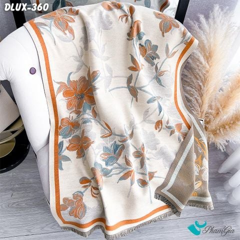 Khăn Choàng Dạ Cashmere Cao Cấp Họa Tiết Hoa Lan Màu Kem Viền Cam (DLUX360)