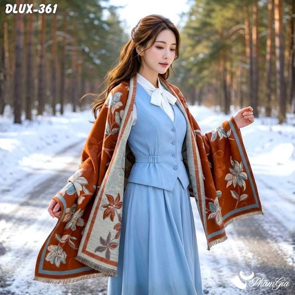 Khăn Choàng Dạ Cashmere Cao Cấp Họa Tiết Hoa Lan Màu Cam Đất (DLUX361)