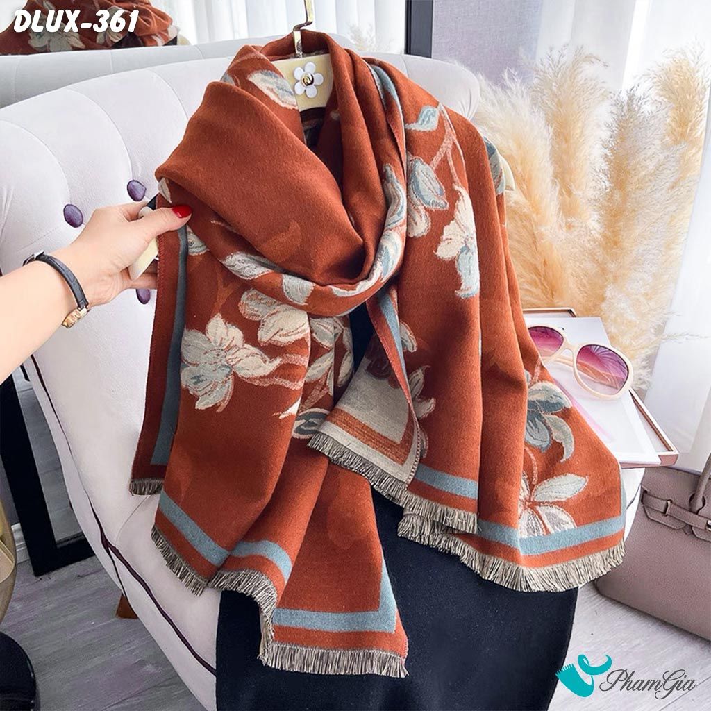 Khăn Choàng Dạ Cashmere Cao Cấp Họa Tiết Hoa Lan Màu Cam Đất (DLUX361)