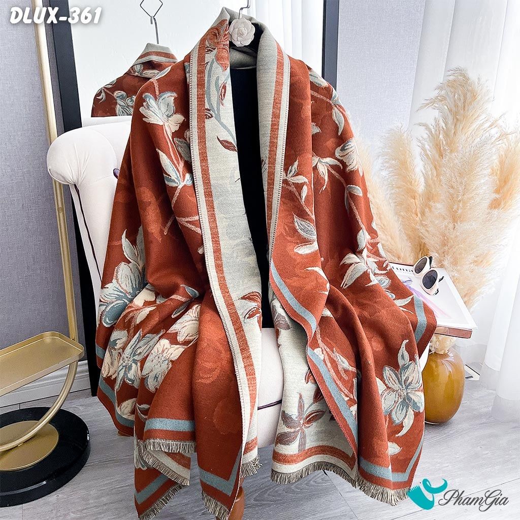 Khăn Choàng Dạ Cashmere Cao Cấp Họa Tiết Hoa Lan Màu Cam Đất (DLUX361)