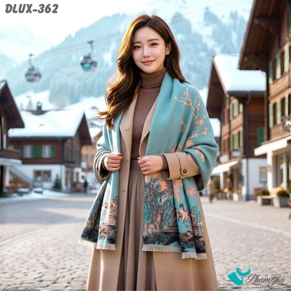 Khăn Choàng Dạ Cashmere Cao Cấp Họa Tiết Hoa Sơn Thủy Màu Xanh Nhạt (DLUX362)