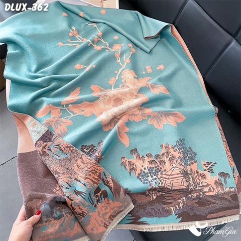 Khăn Choàng Dạ Cashmere Cao Cấp Họa Tiết Hoa Sơn Thủy Màu Xanh Nhạt (DLUX362)