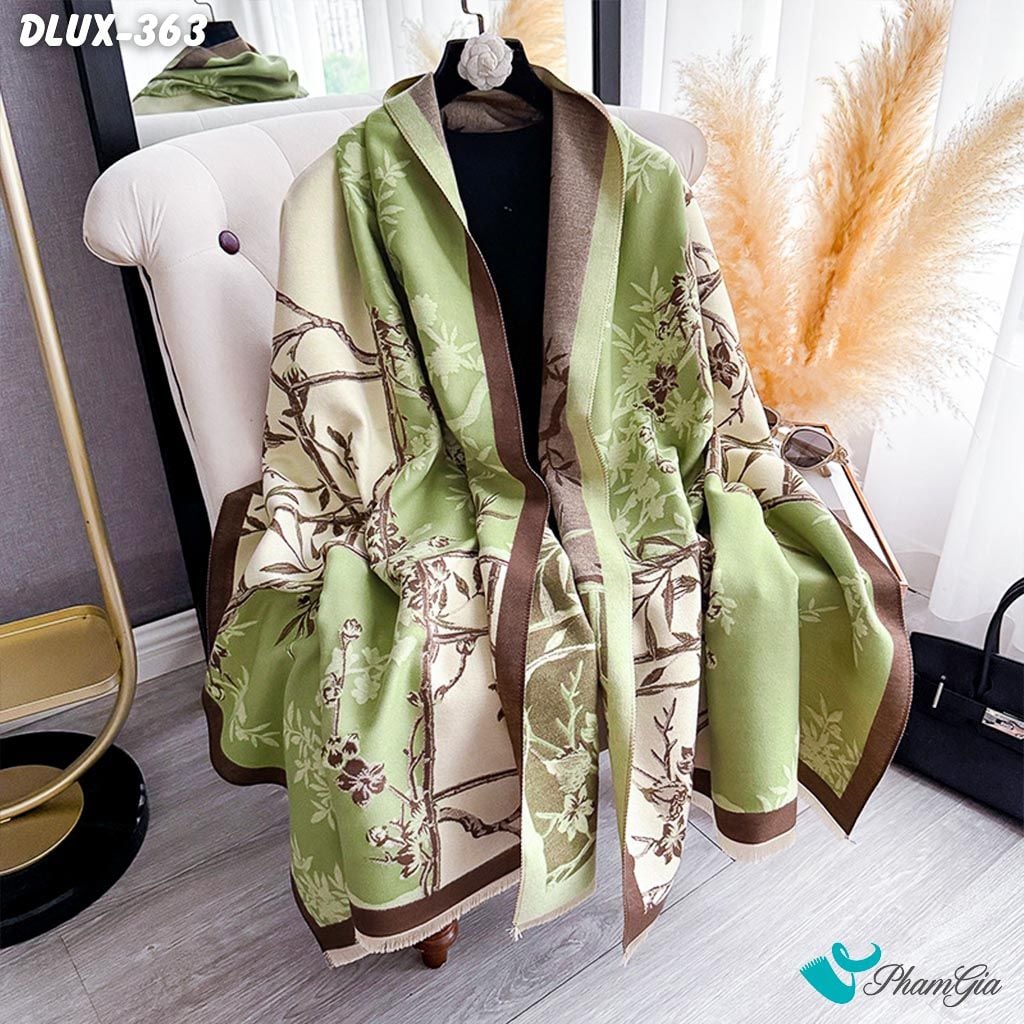 Khăn Choàng Dạ Cashmere Cao Cấp Họa Tiết Hoa Mai Màu Xanh Rêu Nhạt (DLUX363)