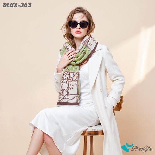 Khăn Choàng Dạ Cashmere Cao Cấp Họa Tiết Hoa Mai Màu Xanh Rêu Nhạt (DLUX363)