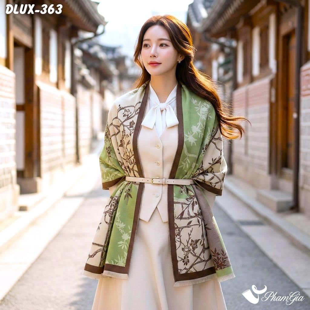 Khăn Choàng Dạ Cashmere Cao Cấp Họa Tiết Hoa Mai Màu Xanh Rêu Nhạt (DLUX363)