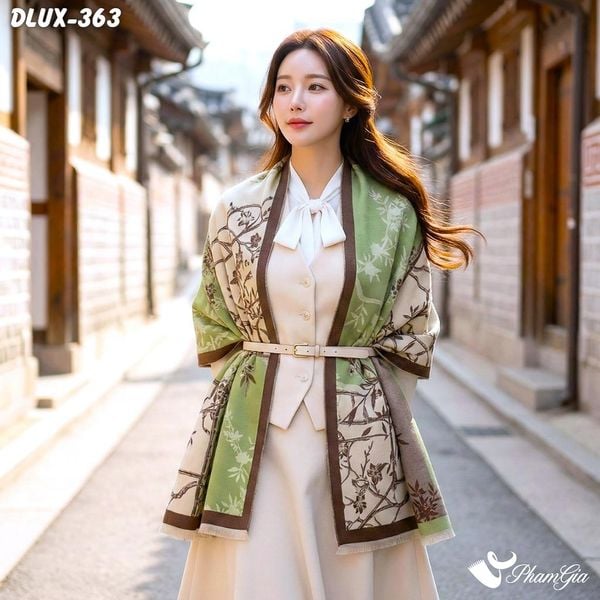 Khăn Choàng Dạ Cashmere Cao Cấp Họa Tiết Hoa Mai Màu Xanh Rêu Nhạt (DLUX363)