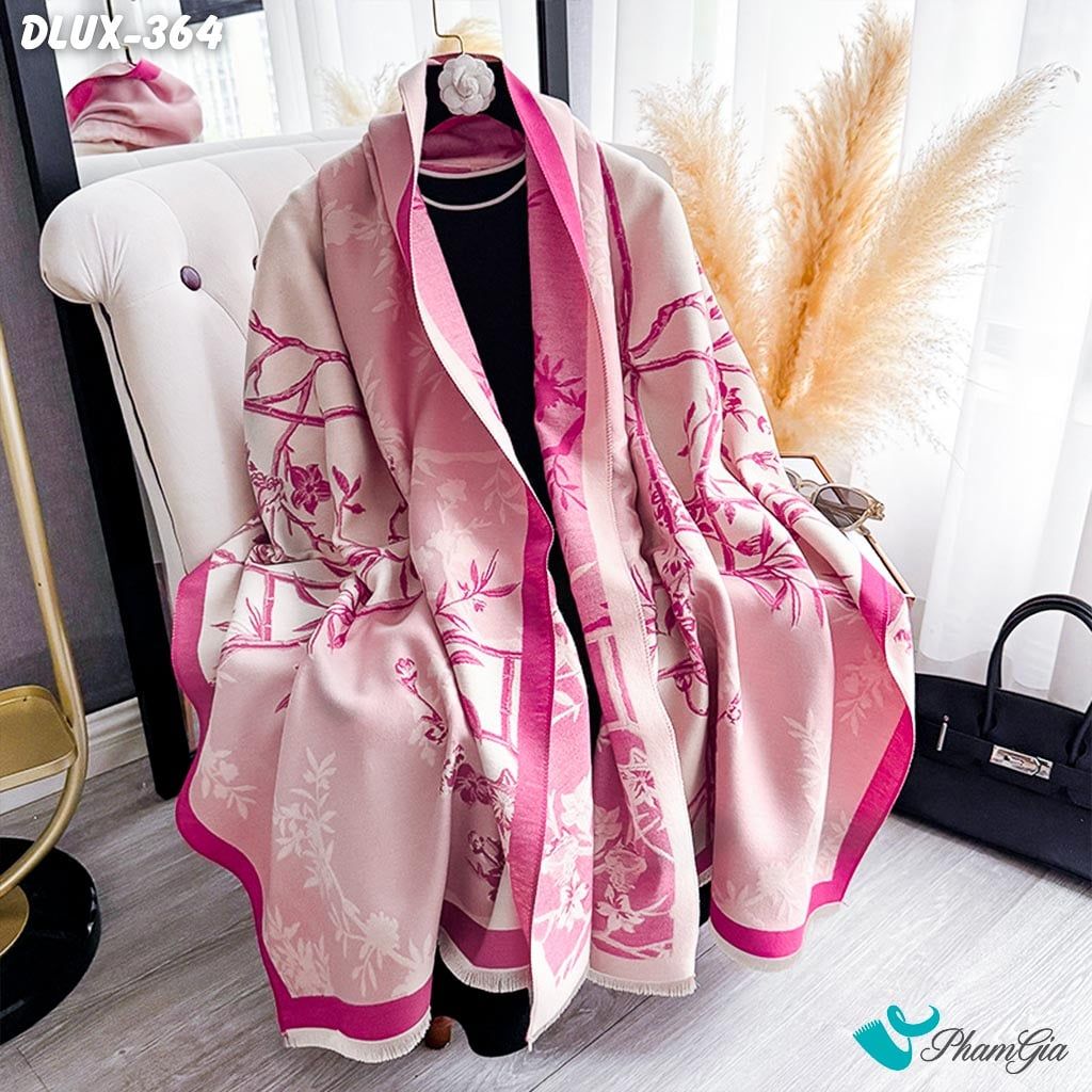 Khăn Choàng Dạ Cashmere Cao Cấp Họa Tiết Hoa Mai Màu Hồng (DLUX364)