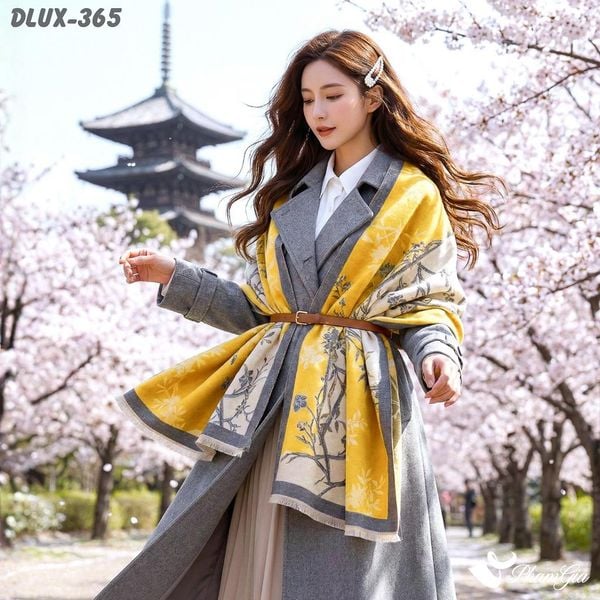 Khăn Choàng Dạ Cashmere Cao Cấp Họa Tiết Hoa Mai Màu Vàng Gold (DLUX365)