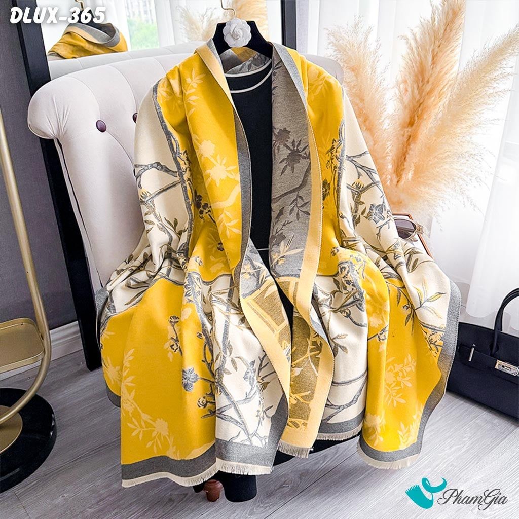 Khăn Choàng Dạ Cashmere Cao Cấp Họa Tiết Hoa Mai Màu Vàng Gold (DLUX365)