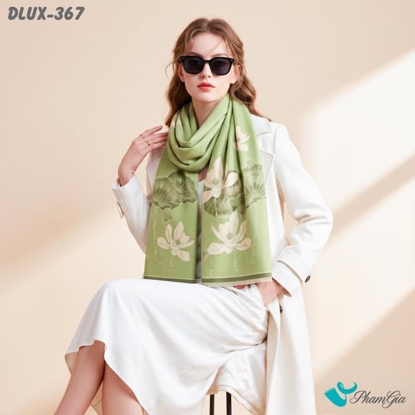 Khăn Choàng Dạ Cashmere Cao Cấp Họa Tiết Sen Màu Xanh Rêu (DLUX367)