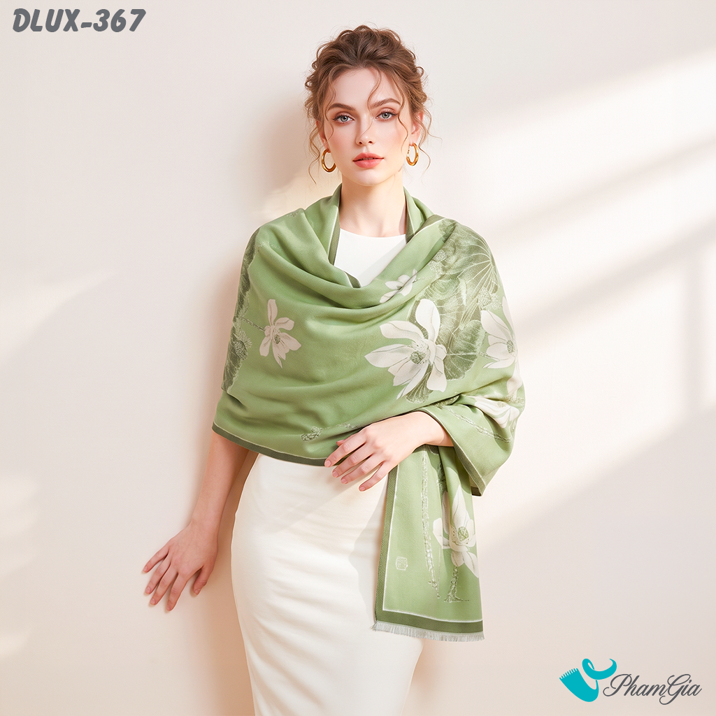 Khăn Choàng Dạ Cashmere Cao Cấp Họa Tiết Sen Màu Xanh Rêu (DLUX367)
