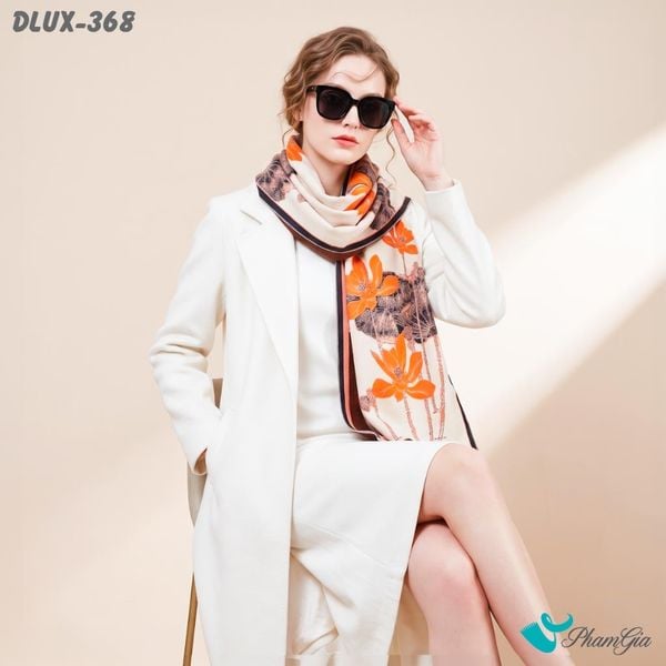 Khăn Choàng Dạ Cashmere Cao Cấp Họa Tiết Sen Màu Cam (DLUX368)