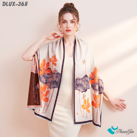 Khăn Choàng Dạ Cashmere Cao Cấp Họa Tiết Sen Màu Cam (DLUX368)