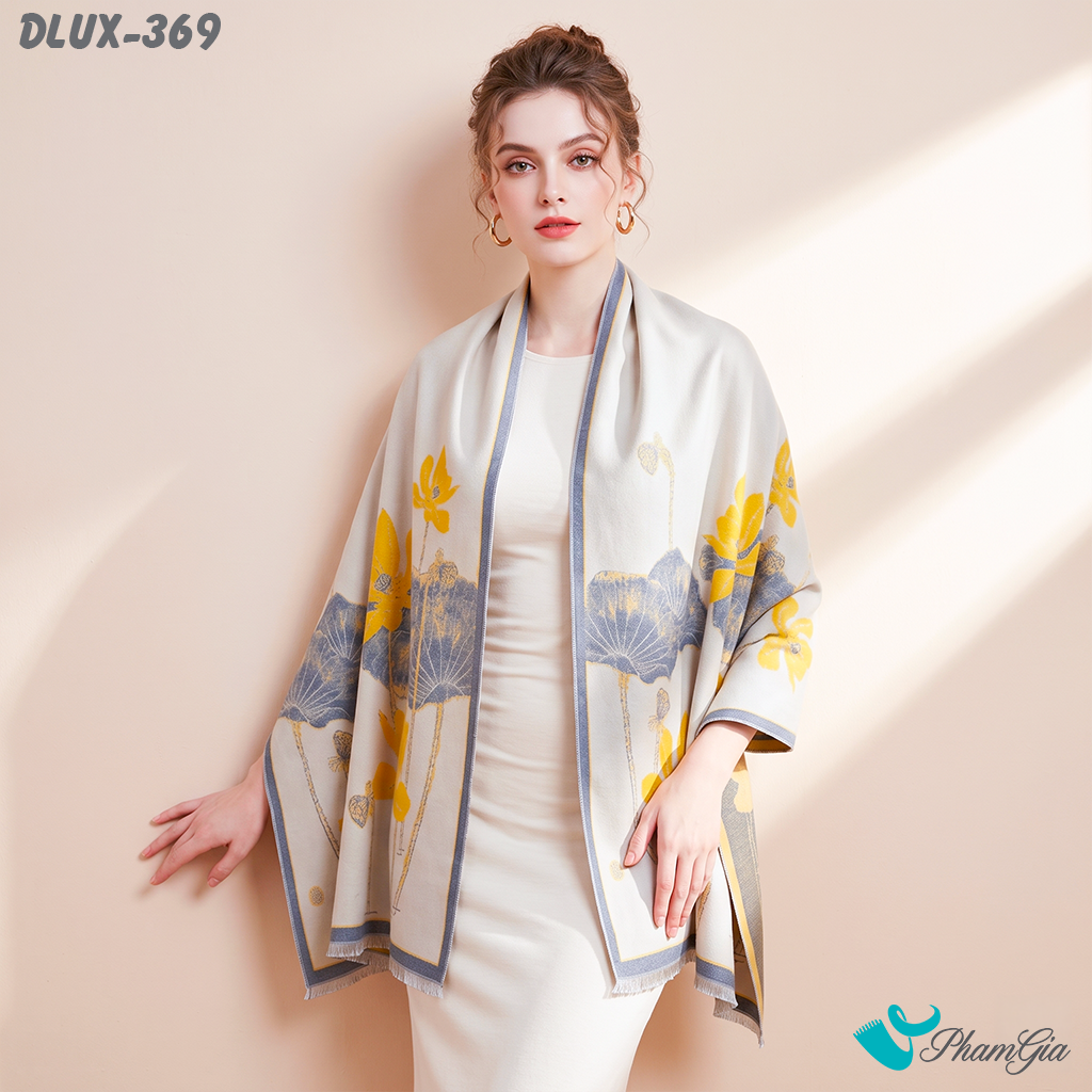 Khăn Choàng Dạ Cashmere Cao Cấp Họa Tiết Sen Màu Vàng (DLUX369)