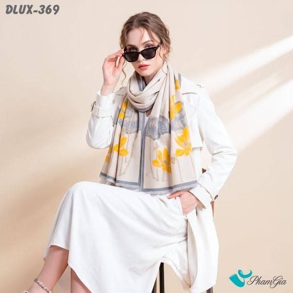 Khăn Choàng Dạ Cashmere Cao Cấp Họa Tiết Sen Màu Vàng (DLUX369)