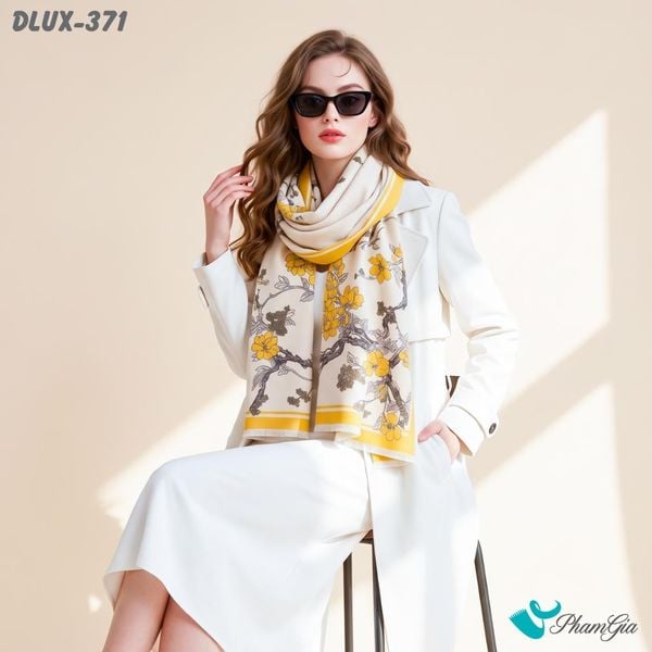 Khăn Choàng Dạ Cashmere Cao Cấp Họa Tiết Hoa Đào Màu Vàng (DLUX371)