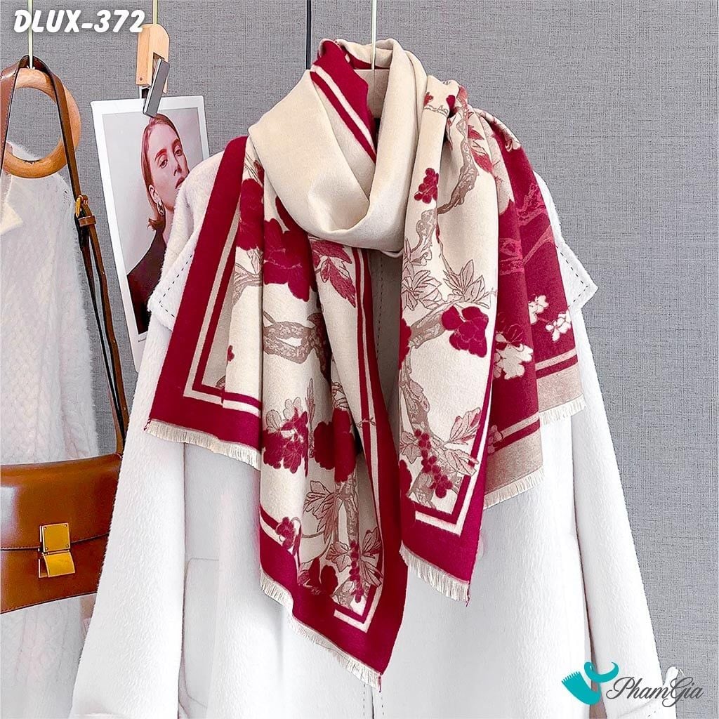 Khăn Choàng Dạ Cashmere Cao Cấp Họa Tiết Hoa Đào Màu Đỏ Mận (DLUX372)