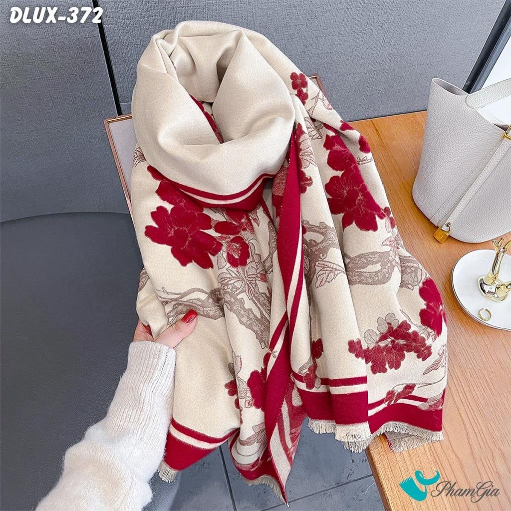 Khăn Choàng Dạ Cashmere Cao Cấp Họa Tiết Hoa Đào Màu Đỏ Mận (DLUX372)