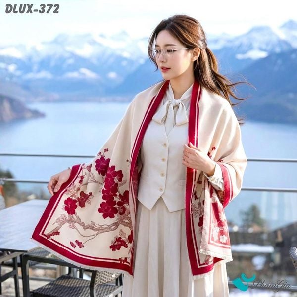 Khăn Choàng Dạ Cashmere Cao Cấp Họa Tiết Hoa Đào Màu Đỏ Mận (DLUX372)