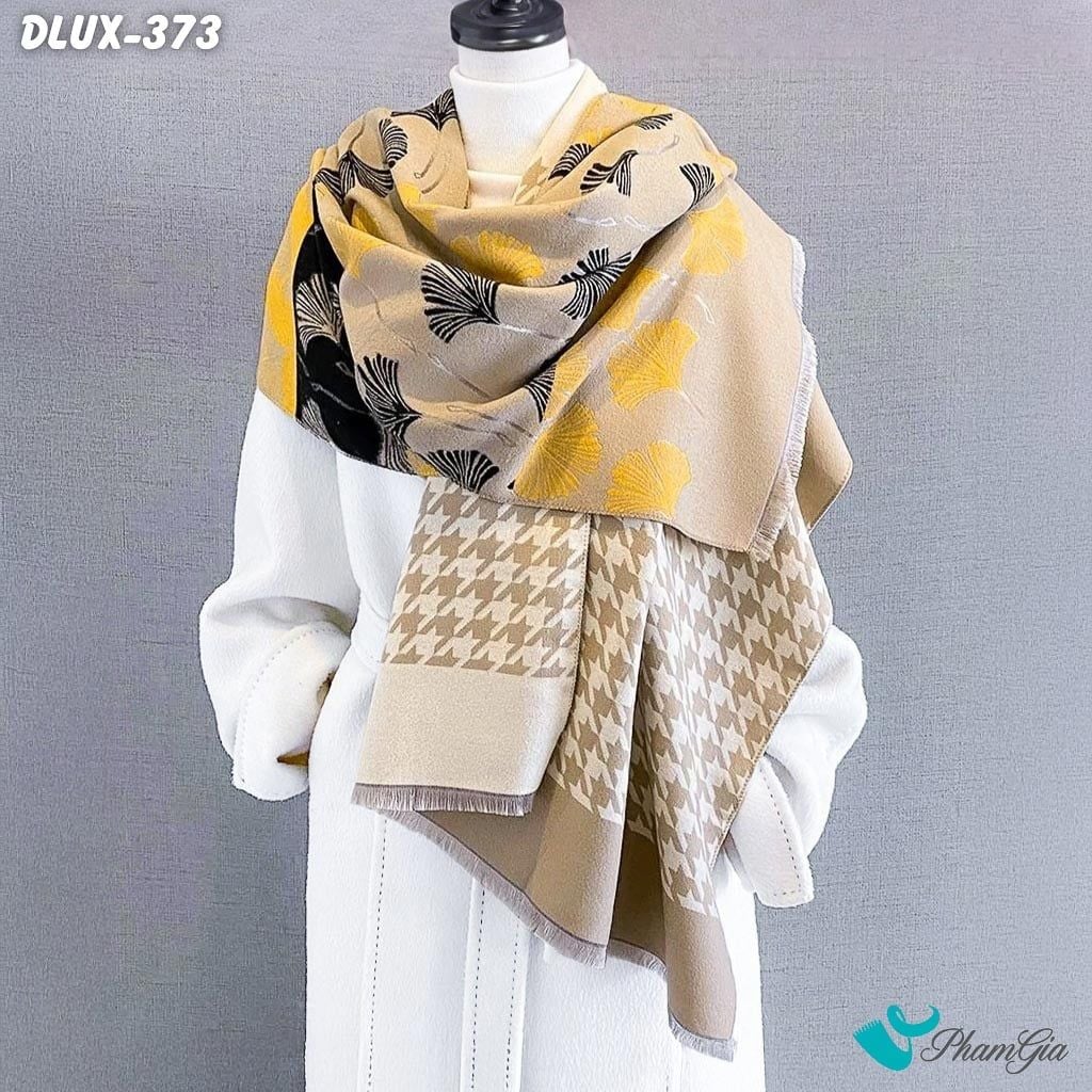 Khăn Choàng Dạ Cashmere Cao Cấp Họa Tiết Lá Rẻ Quạt Màu Beige (DLUX373)